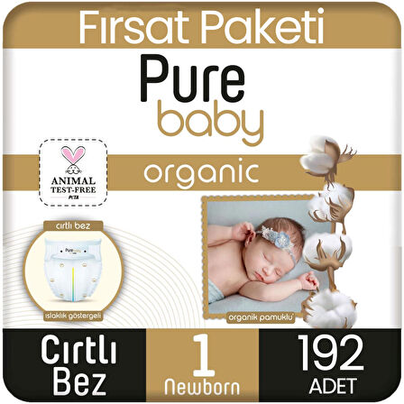 Pure Baby Organik Pamuklu Bebek Bezi 1 Beden Yenidogan 64*3 192 Adet