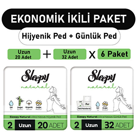 Sleepy Natural Ultra Ped Uzun 20 Adet + Uzun Günlük Ped 32 Adet x6 Paket