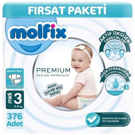 Molfix Premium 3 Beden Bebek Bezi Ultra Fırsat Paketi 94x4 376 Adet