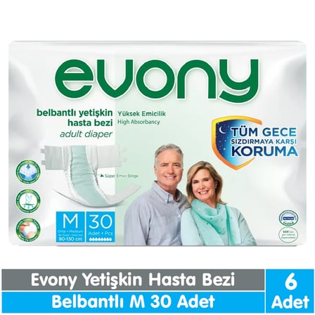 Evony Belbantlı Yetişkin Hasta Bezi M Beden 30x6 180 Adet