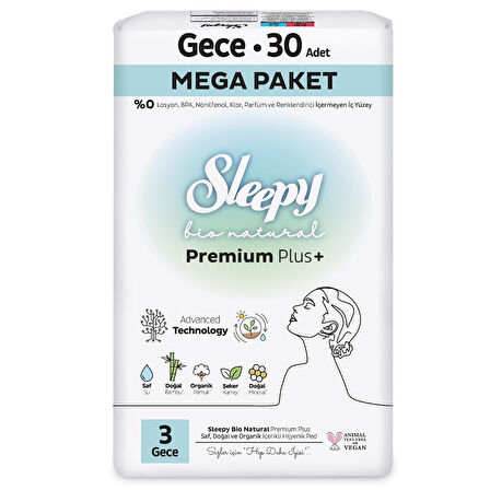 Sleepy Bio Natural Premium Plus Hijyenik Ped Mega Paket Gece 30 Adet