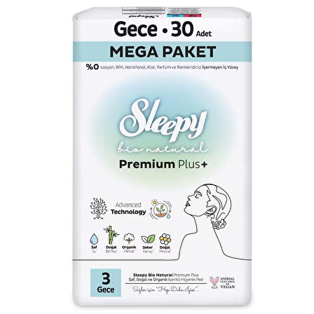 Sleepy Bio Natural Premium Plus Hijyenik Ped Mega Paket Gece 30x5 150 Adet