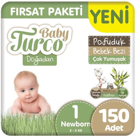Baby Turco Doğadan 1 Beden Pofuduk Bebek Bezi Fırsat Paketi 50x3 150 Adet