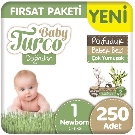 Baby Turco Doğadan 1 Beden Pofuduk Bebek Bezi Fırsat Paketi 50x5 250 Adet