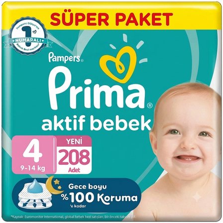 Prima 4 Beden Aktif Bebek Bezi Süper Paket 52x4 208 Adet
