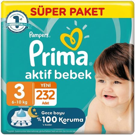 Prima 3 Beden Aktif Bebek Bezi Süper Paket 58x4 232 Adet