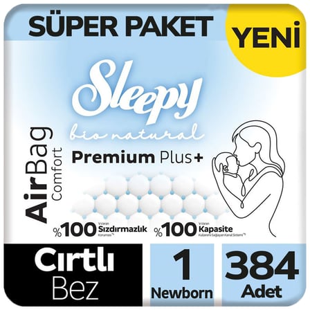 Sleepy Bio Natural Premium Plus Airbag Comfort Bebek Bezi 1 Beden Süper Paket 64x6 384 Adet