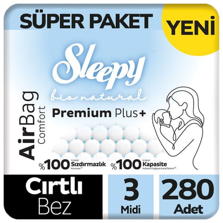 Sleepy Bio Natural Premium Plus Airbag Comfort Bebek Bezi 3 Beden Süper Paket 56x5 280 Adet