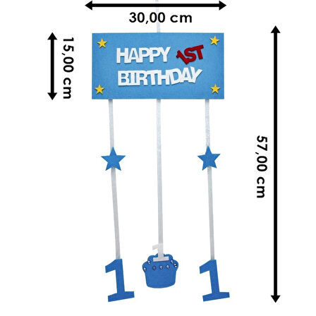1 Yaş Pastalı Keçe Avize Süs - Mavi -  57,00 cm.