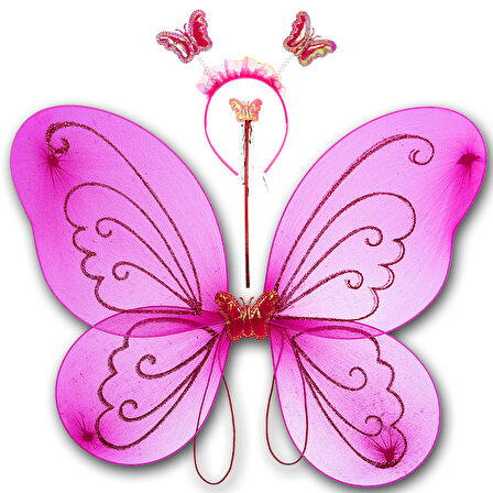 Kelebek Kanat, Asa ve Taç 3'lü Set - Fuşya