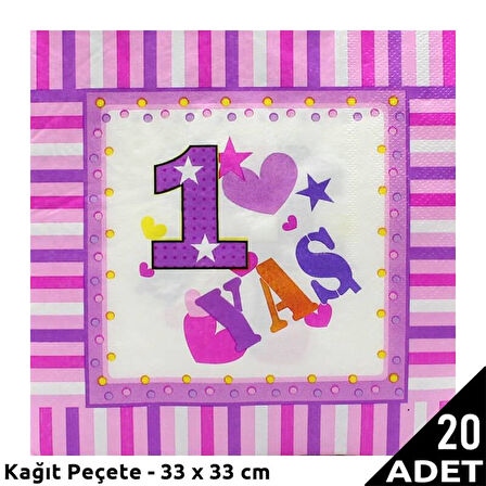 1 Yaş Doğum Günü Peçete, Pembe - 33 x 33 cm - 20 Adet