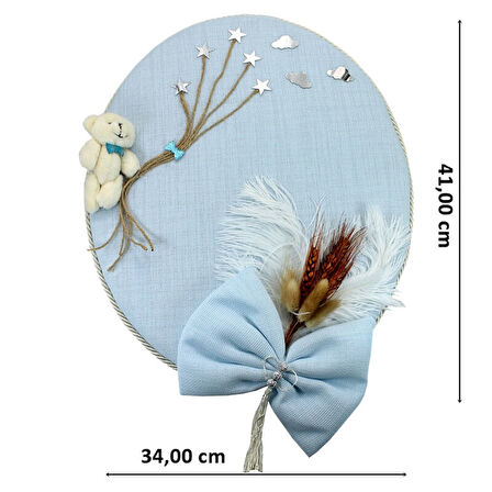 Kuru Çiçek Tanzimli, Ayıcıklı, İsimli Oval Kapı Süsü, Mavi