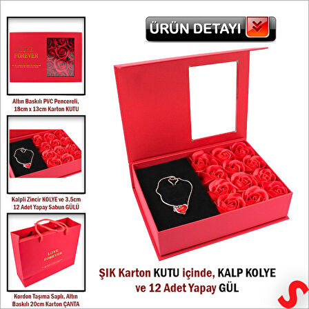 12 Adet Yapay Gül ve Kalp Kolyeli, Çantalı Kutu Seti, Kırmızı