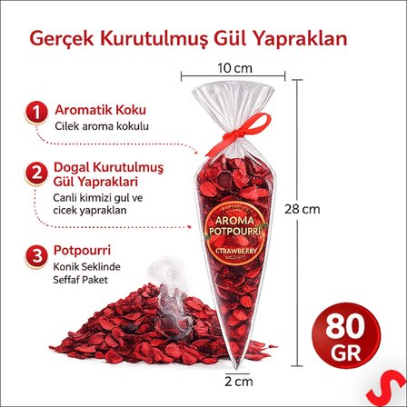 Gerçek Kurutulmuş Gül Yaprağı, Çilek Kokulu - Kırmızı