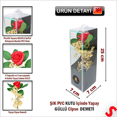 PVC Kutulu Cipsolu Yapay Kırmızı GÜL - 25cm x 7cm