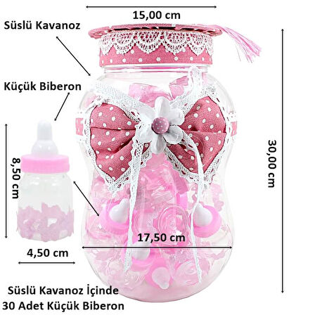 Süslü Büyük Kavanoz ve Biberon Seti, 30 Adet, Pembe