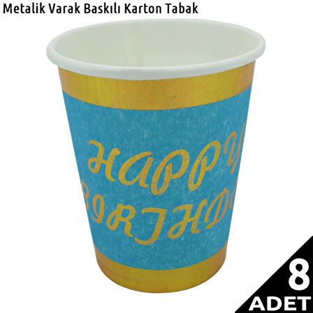 Varak Baskılı, Happy Birthday Karton Bardak, Mavi - 8 Adet
