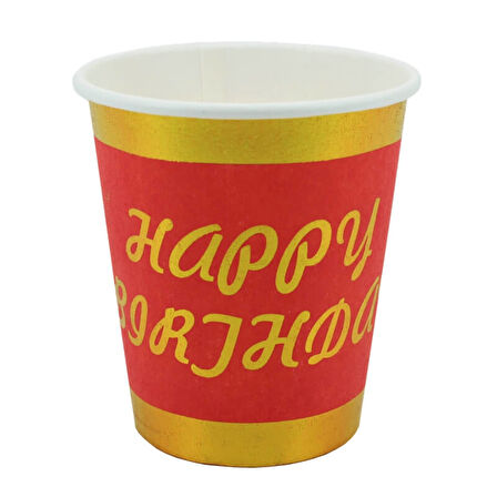Varak Baskılı, Happy Birthday Karton Bardak, Kırmızı - 8 Adet