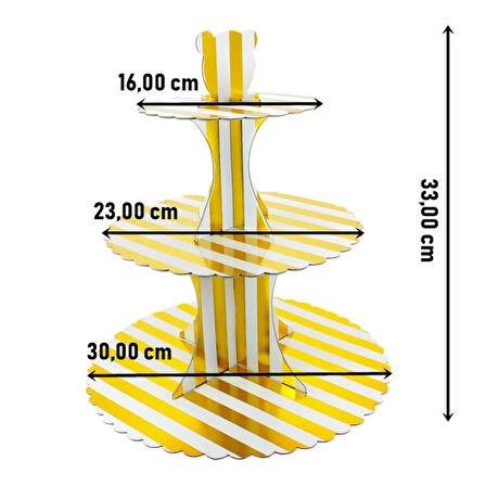 CupCake Standı, 3 Katlı, Metalik Altın Çizgili
