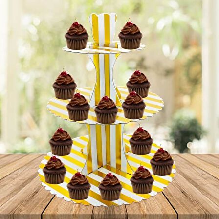 CupCake Standı, 3 Katlı, Metalik Altın Çizgili