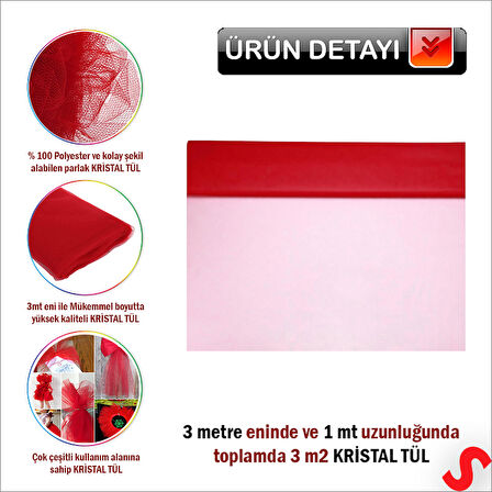 SüSLeme Tülü Kristal Tül, 3 mt en x 1 mt uzunluk - Kırmızı