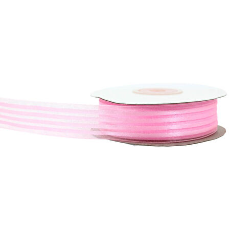 Şifon Kurdele, 4 Yollu ve Saten Çizgili, 2,50 cm x 23 mt - PEMBE