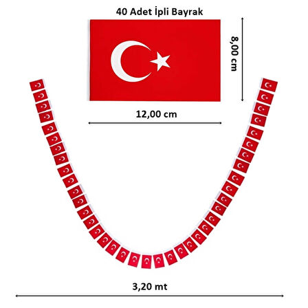 Türk Bayrağı 3,20 mt İpe Sıralı, 8 cm x 12 cm. - 40'lı