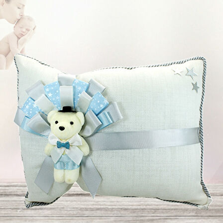 Takı Yastığı, Keten Kumaş Mavi & Gümüş