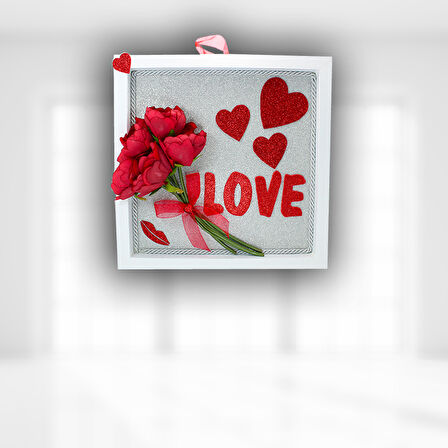 Çiçekli ve Simli Love Ahşap Pano - 30 cm x 30 cm