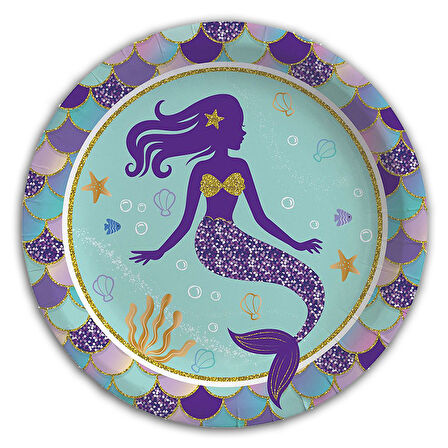 Pırıltılı Deniz Kızı Karton Tabak - 23cm x 8 Adet
