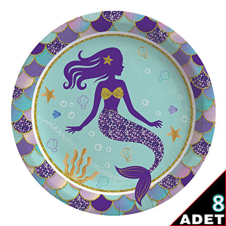 Pırıltılı Deniz Kızı Karton Tabak - 23cm x 8 Adet