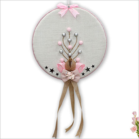 Fil Temalı Ahşap Pano 35cm Kapı Süsü - Pembe