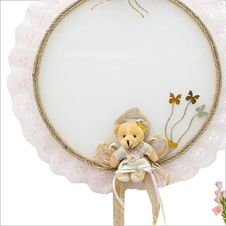 Güpürlü ve Ayıcıklı 37cm Kasnak Kapı Süsü - Pembe