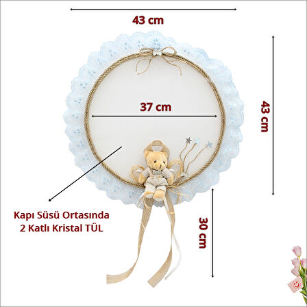 Güpürlü ve Ayıcıklı 37cm Kasnak Kapı Süsü - Mavi