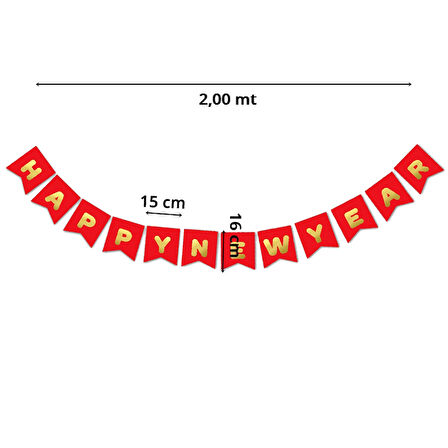 Happy New Year Banner, Altın Baskılı Kırmızı - 2.00 mt