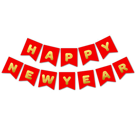 Happy New Year Banner, Altın Baskılı Kırmızı - 2.00 mt