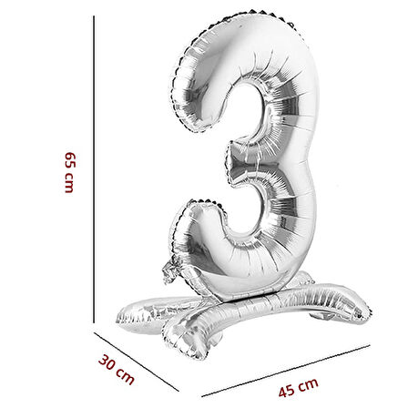 3 Rakam Ayaklı Folyo Balon, 65 cm - Gümüş
