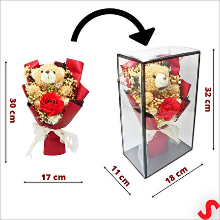 PVC Kutulu,Pelüş Ayıcık ve Kırmızı Güllü Kuru Çiçek Buketi 32cmx18cm