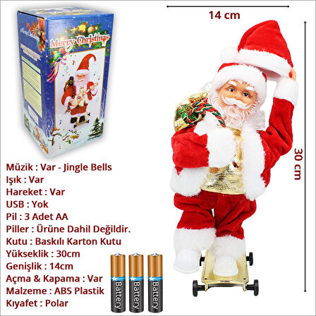Kaykay Yapan Müzikli Işıklı ve Hareketli Noel Baba - 30x14cm