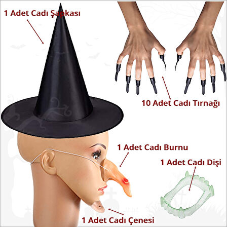 Halloween Cadı Burnu, Şapka, Tırnak, Çene ve Diş Seti