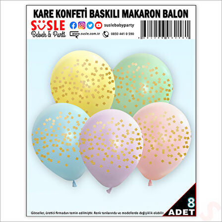 Kare Konfeti Baskılı Makaron Balon, 30cm x 8 Adet