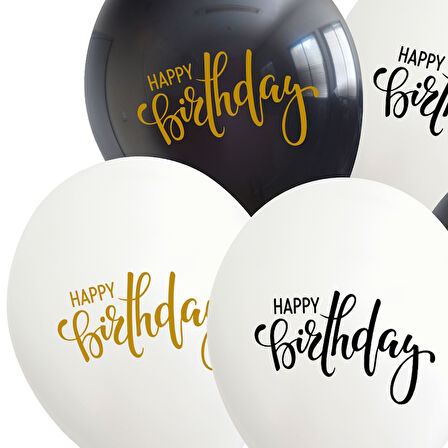 Happy Birthday Baskılı Beyaz ve Siyah, 30cm Balon - 8 Adet