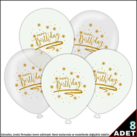 Happy Birthday Baskılı Beyaz ve Şeffaf, 30cm Balon - 8 Adet