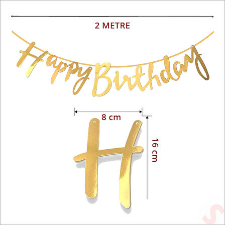 Happy Birthday Parlak Karton Kaligrafi Banner, 2 mt - Altın
