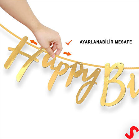 Happy Birthday Parlak Karton Kaligrafi Banner, 2 mt - Altın