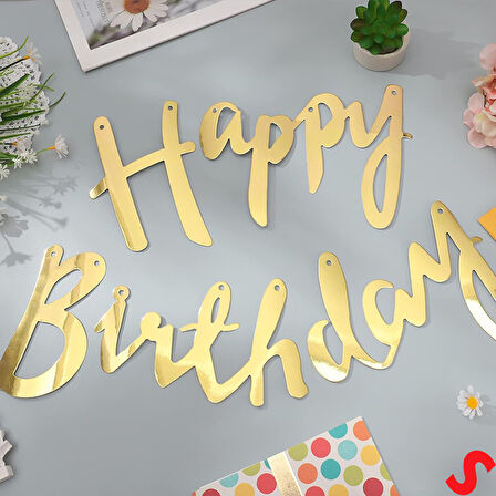 Happy Birthday Parlak Karton Kaligrafi Banner, 2 mt - Altın