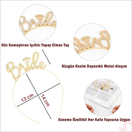 Kristal Parlak Taşlı, Metal Bride Taç - Altın