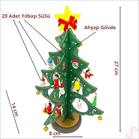 20 Parça SüSLü Ahşap 27cm Mini Yılbaşı Ağaç Seti - Yeşil