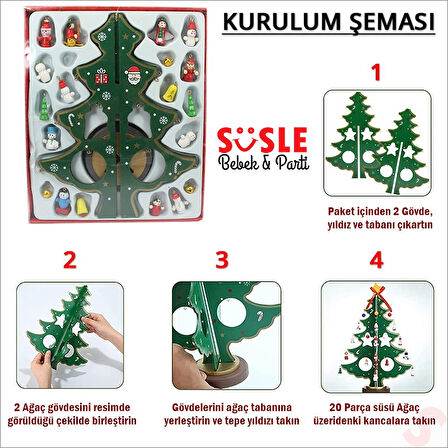 20 Parça SüSLü Ahşap 27cm Mini Yılbaşı Ağaç Seti - Yeşil