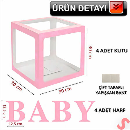 Baby Yazılı Şeffaf Balon Kutusu, 30cm x 4 Adetli Set - Pembe